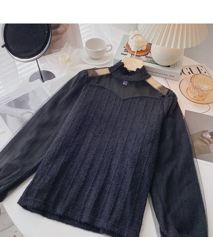 Design sense thickened lace bottomed shirt stand collar top  6361