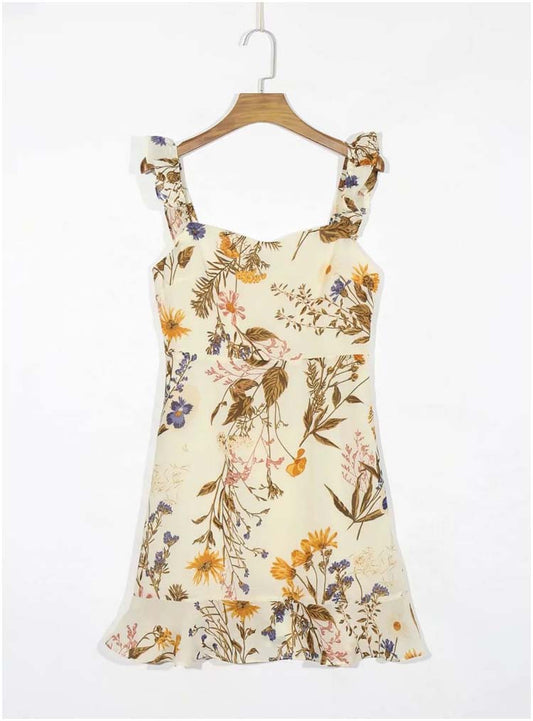 French Vintage bedrucktes Strapskleid mit Rüschen 7134