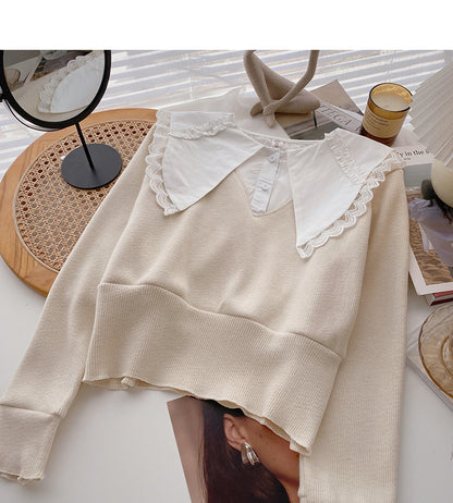 Design sense baby collar stitched sweater Vintage top 6601