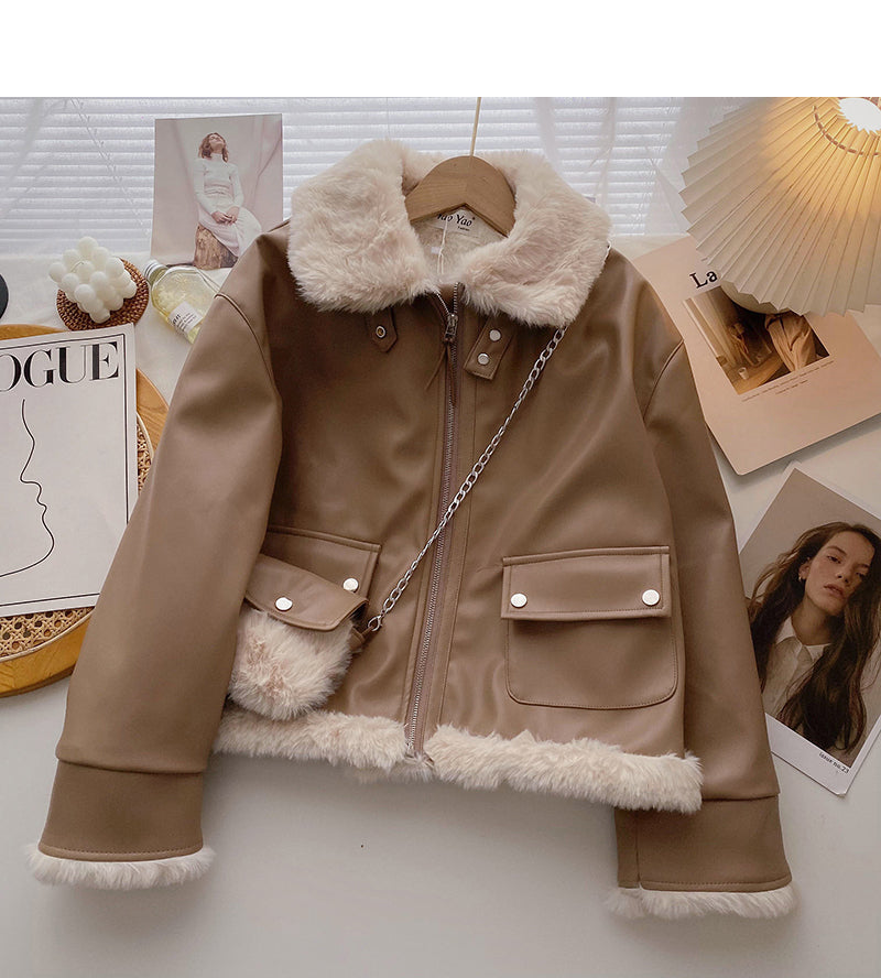 Plush coat fashion retro loose long sleeved PU leather clothes delivery bag  6220