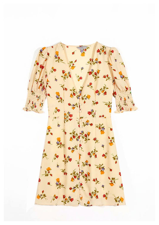 French minority V-neck retro fresh floral dress  7037