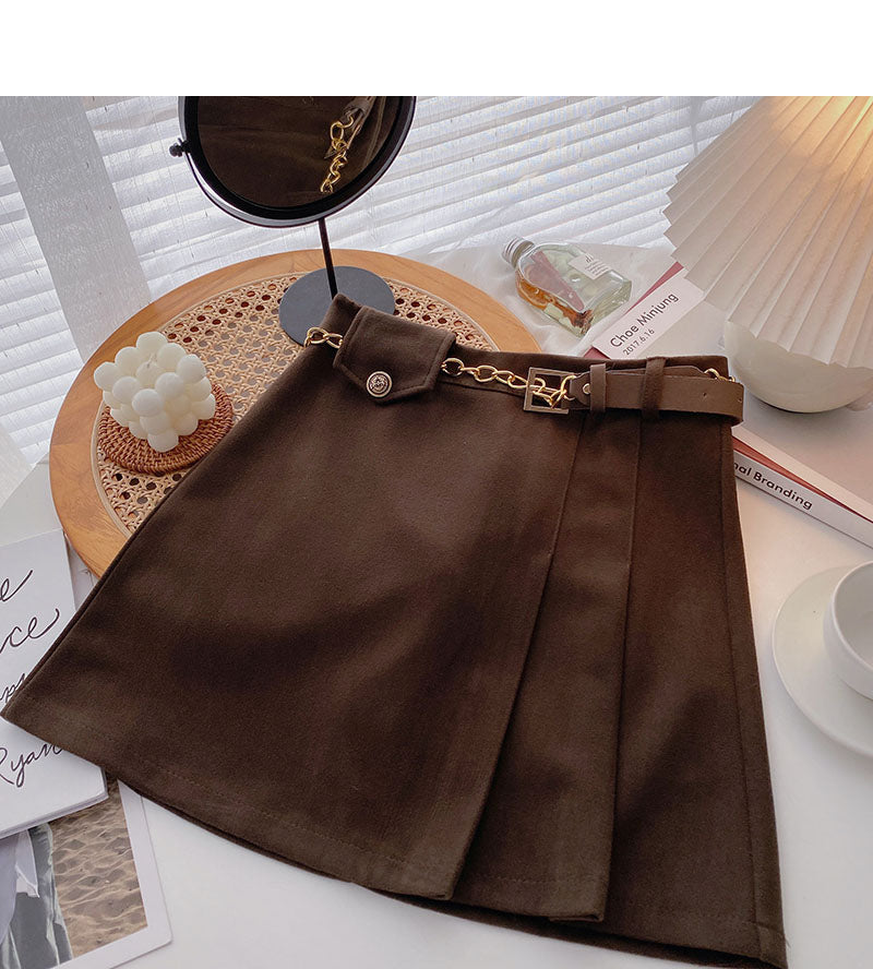 Small design retro chain high waist A-line skirt with belt  5458