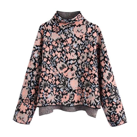 Vintage stand collar long sleeve flower jacquard sweater  7504