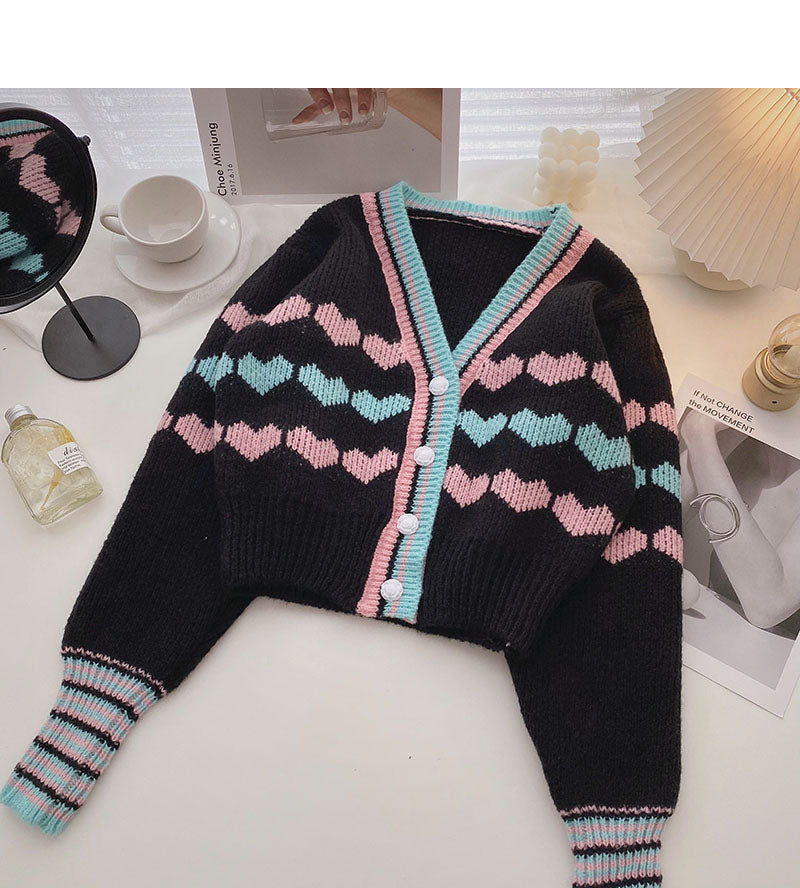 Little fresh girl color contrast love short long sleeve Knitted Top  5855