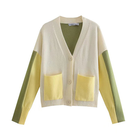 V-neck contrast color design knitted cardigan loose lazy coat sweater  7418