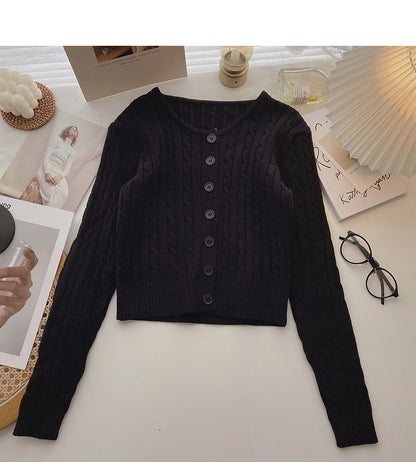 Knitted cardigan coat retro short twist long sleeve top  6566