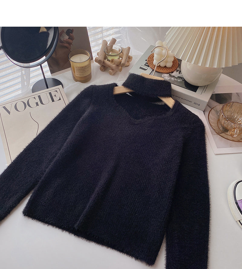 Imitation mink cashmere solid color sweater, niche design, hollow neck coat  6136