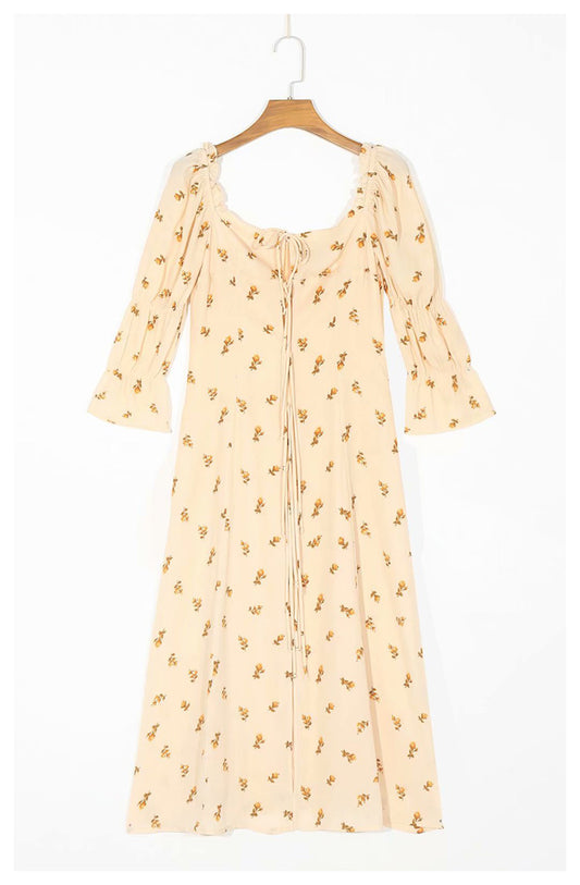 French girl style square neck bow tie lace up bubble sleeve Floral Dress  7044