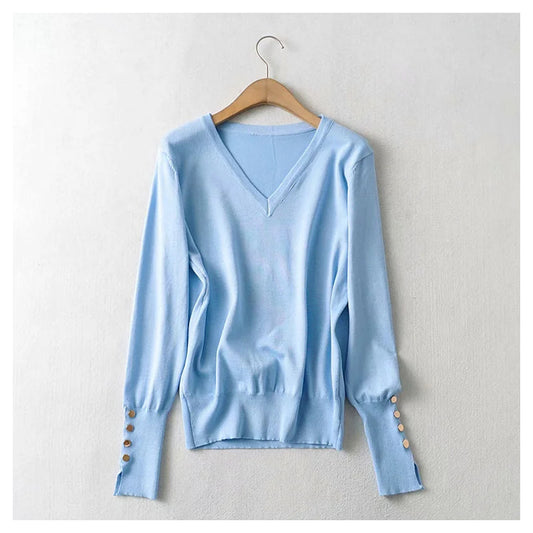 New simple and versatile solid V-Neck long sleeved sweater  7369
