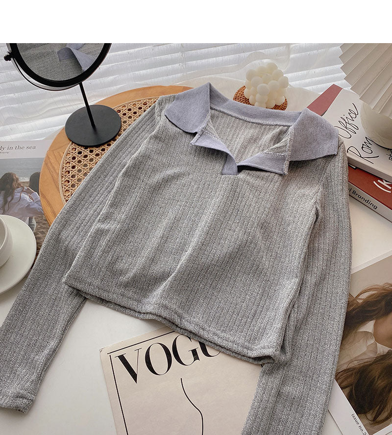Simple casual short Lapel Pullover long sleeve top  6665