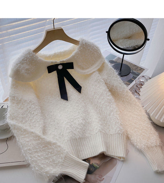 Haut à manches longues avec nœud et pompon, design de minorité coréenne 6583