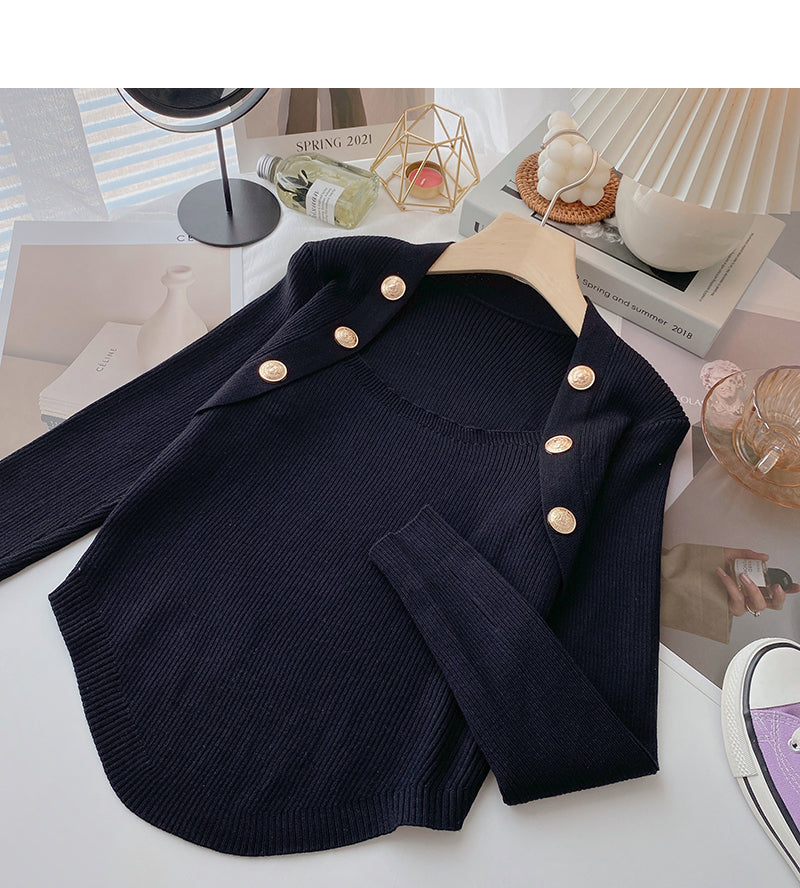 Niche design knitwear square neck double row button top fashion  6506