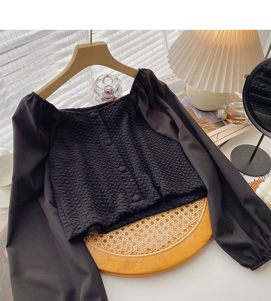 Haut court à manches longues et col carré français de conception minoritaire coréenne 6328