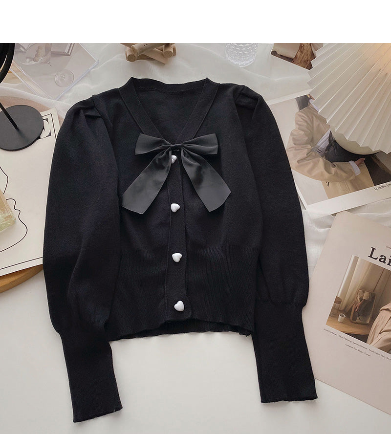 Pullover mit Vintage-Schleife und V-Ausschnitt, schmales Langarm-Top 6595