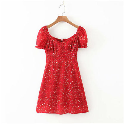 Versatile French V-neck single breasted bubble sleeve Floral Dress 7094