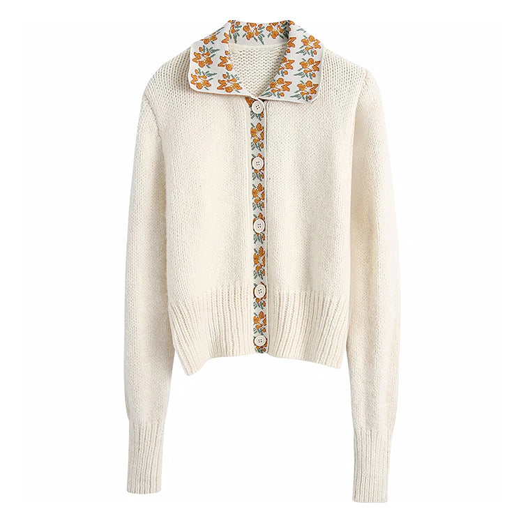 New foreign style retro printed Lapel knitted cardigan sweater  7219