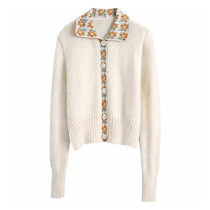 New foreign style retro printed Lapel knitted cardigan sweater  7219