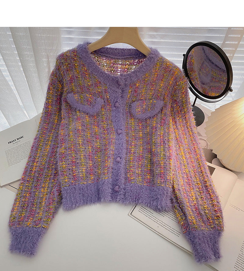 Small fragrance temperament color knitted long sleeve short top  5945