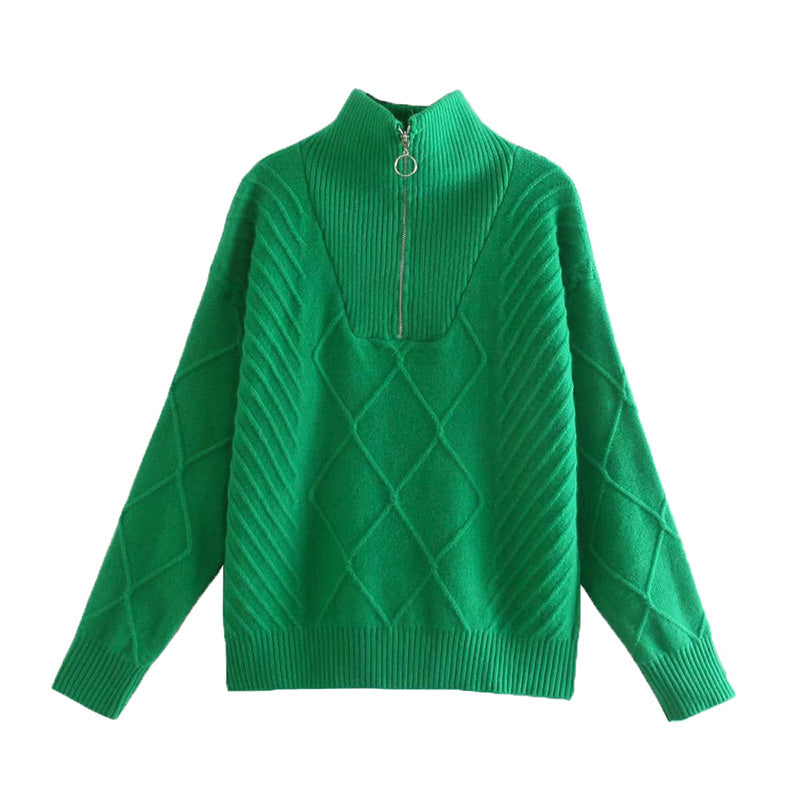 Stand collar zipper long sleeve twist loose lazy sweater sweater  7199