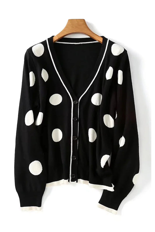 Vintage dot black and white contrast V-Neck Sweater Cardigan Jacket  7419