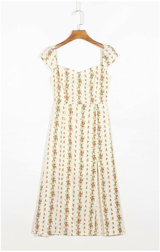 Knielanges Kleid mit Rüschen-Blumendruck und geteiltem Träger 7098