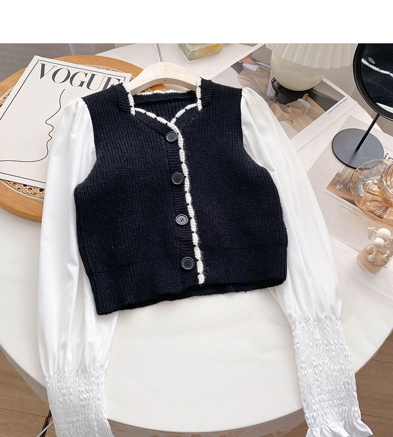 French small square neck stitched long sleeve fake two-piece blouse  6683