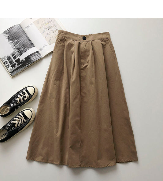 Solid Hong Kong style leisure high waist A-shaped medium and long skirt  5693