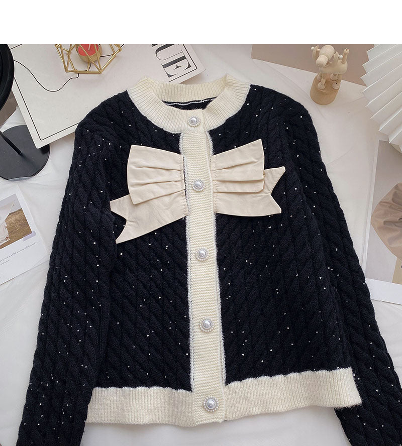 Bow knot small fragrance round neck color matching twist sweater  6064