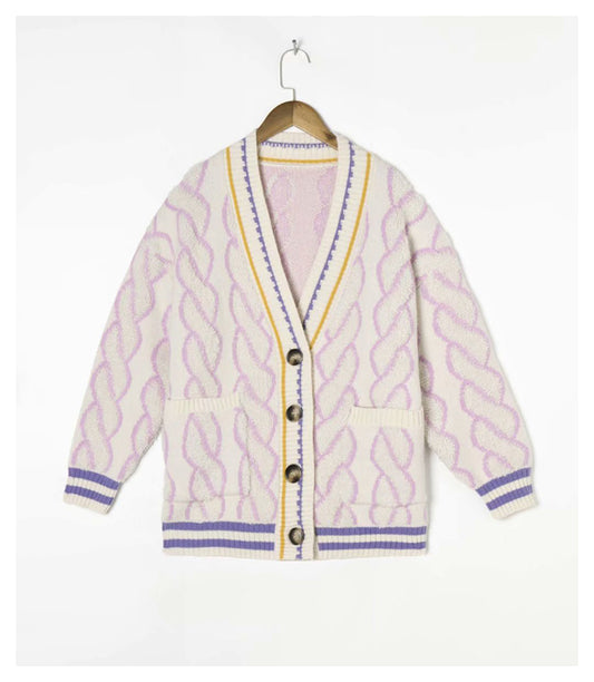 V-neck knitted cardigan autumn casual color matching twist sweater coat  7260