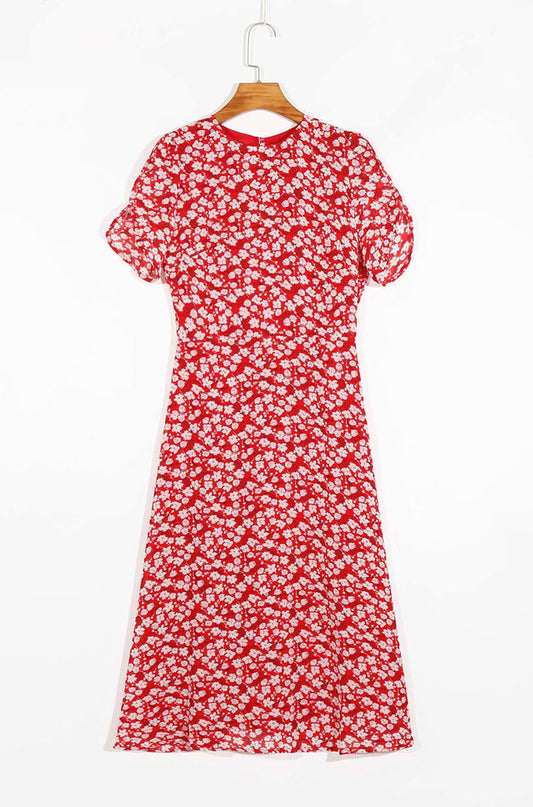 French gentle and elegant retro floral bubble sleeve dress  7065