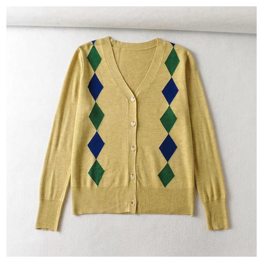V-neck rhombic jacquard loose thin knit cardigan top  7443