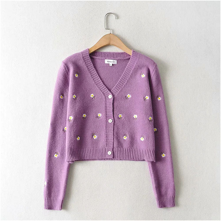 Lazy embroidery button cardigan V-neck versatile top coat sweater  7213