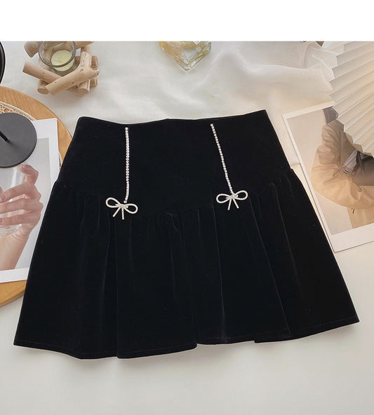 Golden velvet retro diamond studded bow high waist A-line umbrella skirt  5612