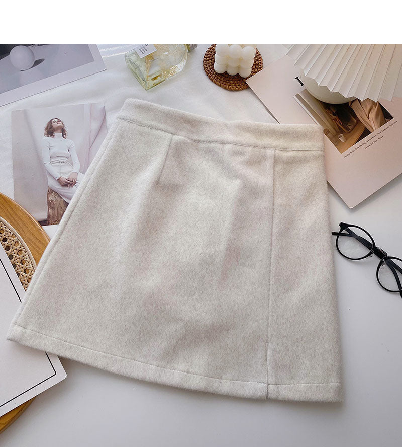 Woolen skirt sweet solid color high waist thin A-line skirt  5438