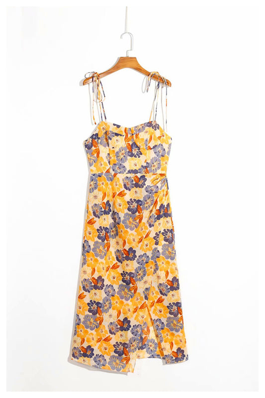 New slim fit, slim and versatile French printed side split suspender backless dress for women  7029