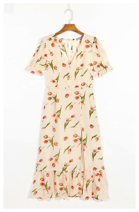 Versatile French printed V-neck split bubble sleeve medium length dress  7048