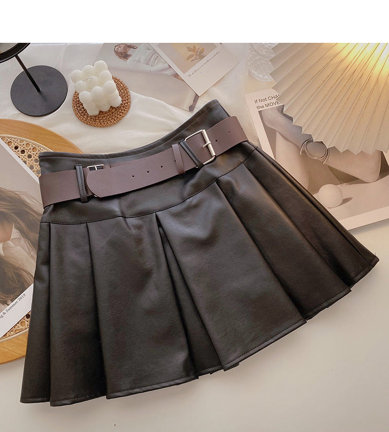 Age reducing pleated high waist A-line skirt with belt  5482