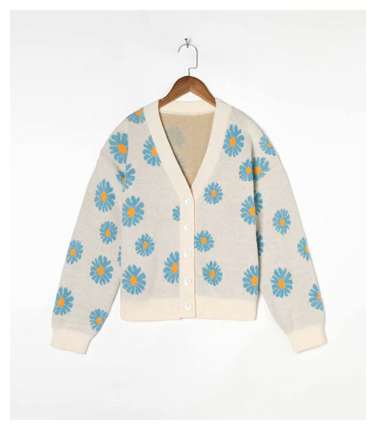 Printed V-neck knitted cardigan women's Retro lazy sweater coat  7277