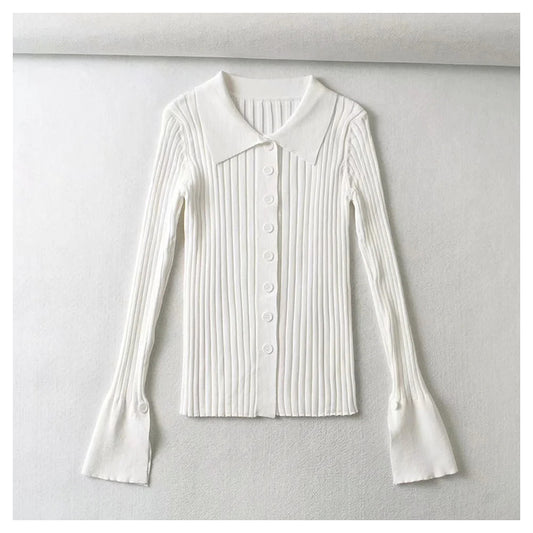 Single breasted flare sleeve pit stripe solid color sweater  7384