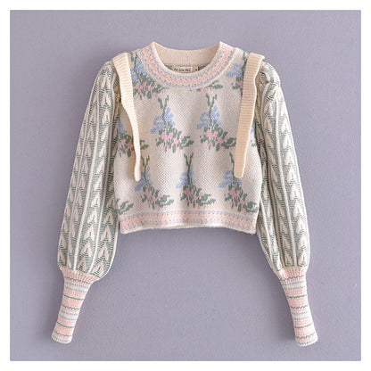 Vintage jacquard sweater women's bubble sleeve sweater  7165