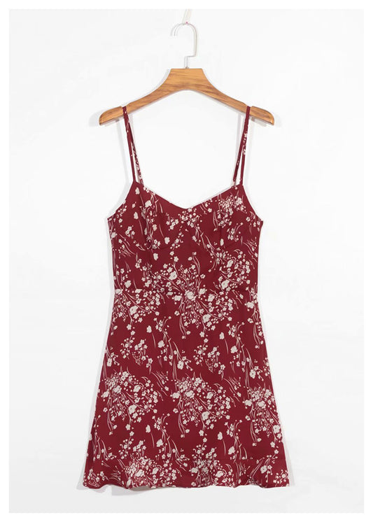 French retro floral waist closing sexy Ruffle Chiffon Dress  7056