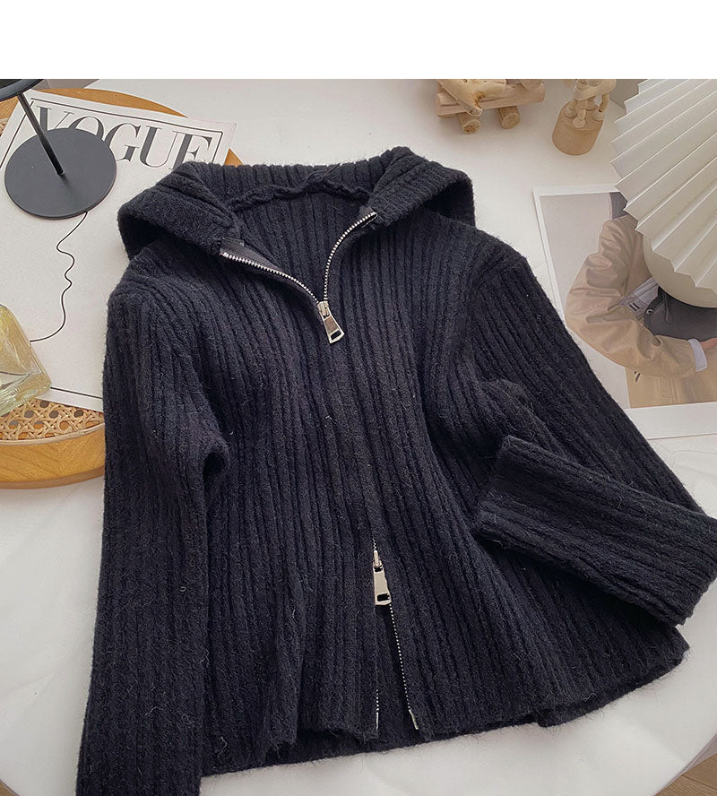 Cardigan hooded knitted coat solid short top fashion  6541