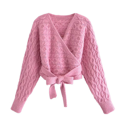 Fashion V-neck eight strand knitted sweater bandage knitted coat  7178