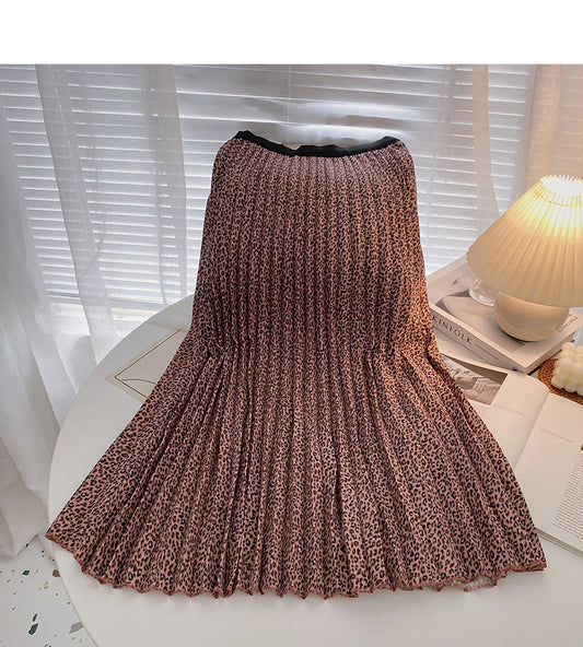 Hong Kong style retro leopard print thin pleated A-line skirt  5744