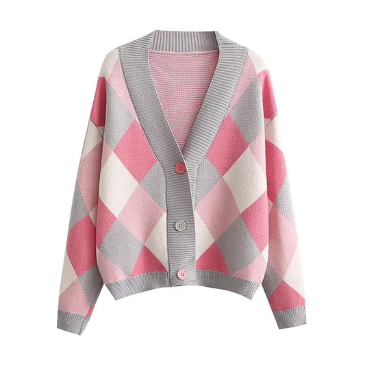 Diamond check V-neck button loose casual knitted cardigan sweater  7360