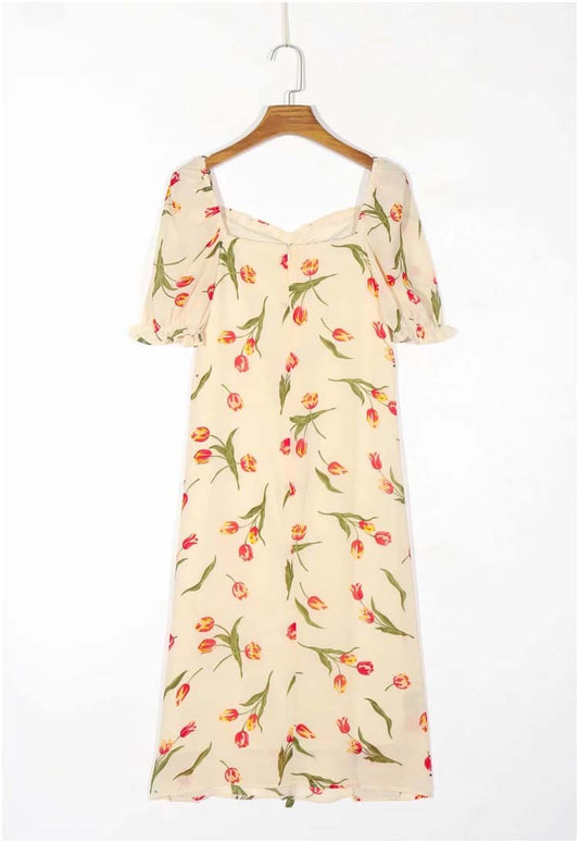 Vielseitiges knielanges, knielanges, französisches Kleid mit eckigem Ausschnitt, Taille und schmalem Blumenmuster 7138