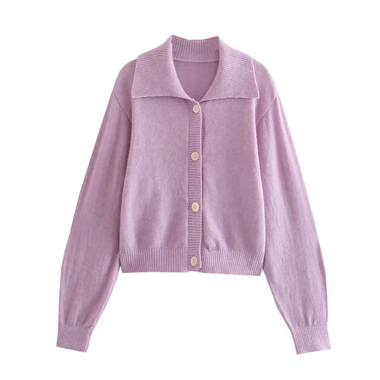 Versatile Lapel solid knit cardigan long sleeve sweater  7356