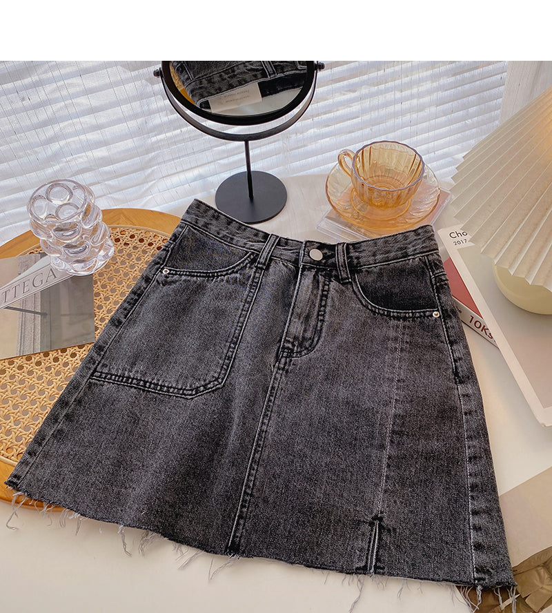 Casual simple solid color split high waist A-shaped skirt fashion  5559