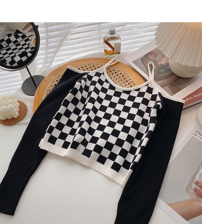 Straight neck slim clavicle sling long sleeve sweater  6639