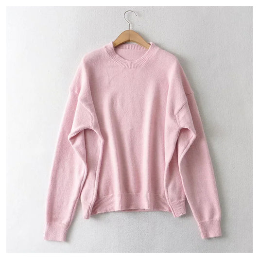 Lazy style sweater loose round neck simple long sleeve sweater  7439